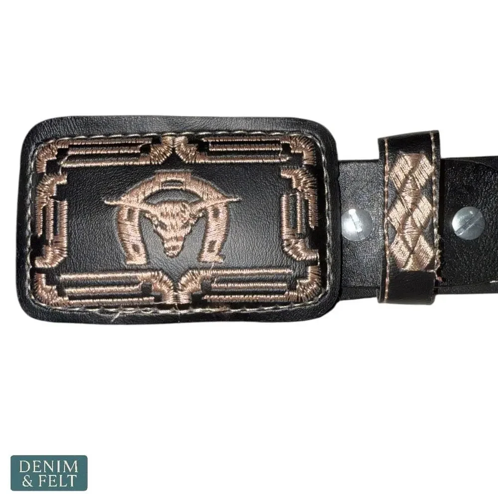 NEW Cinturon Montoro Black Leather Western Belt Bull Embroidered‎ Buckle Mens 42